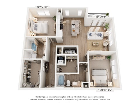 Floor plan for 2 beds, 2 baths, 1262 sqft